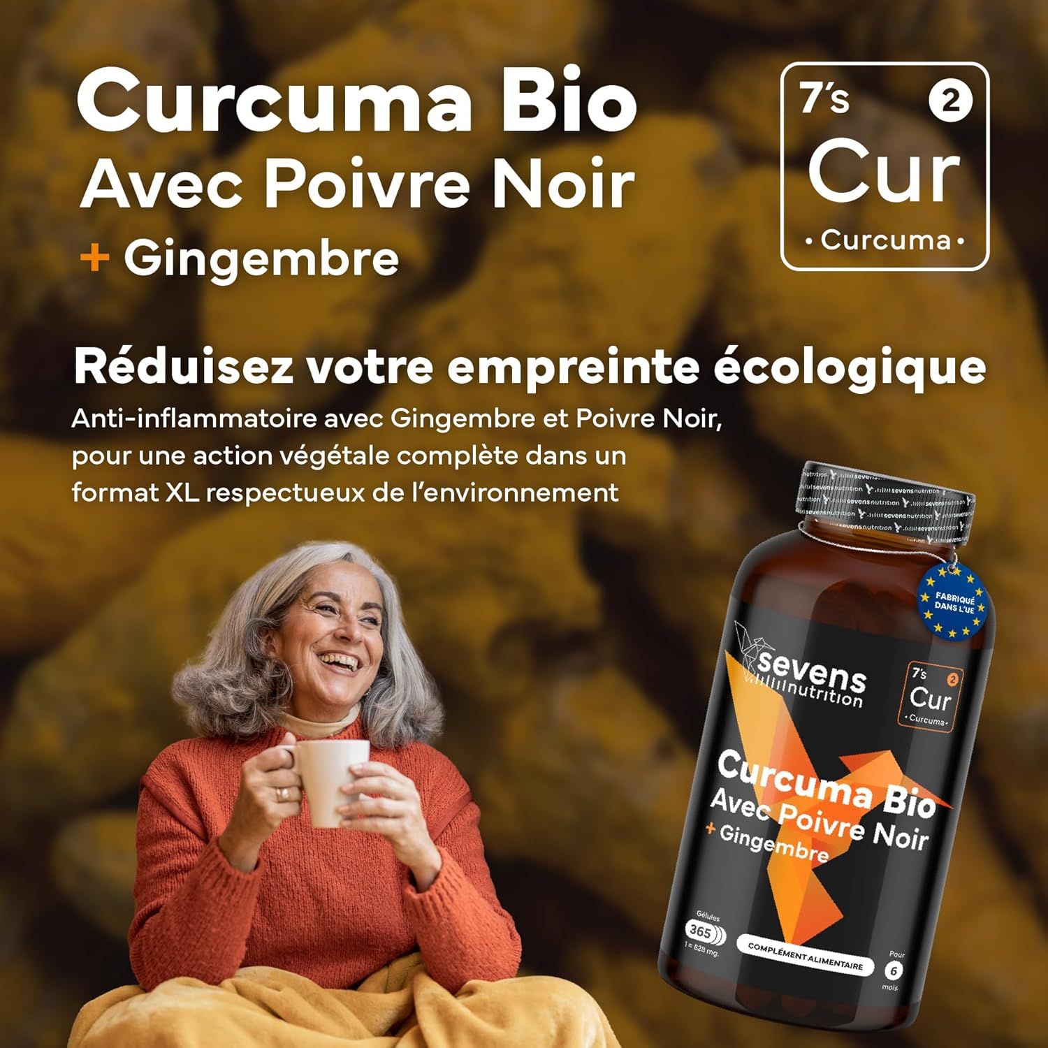 Flacon de Curcuma Bio avec Poivre Noir et Gingembre. Contient 365 gélules.