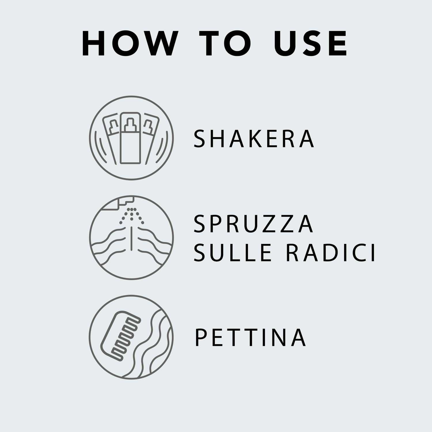 Instructions d'utilisation : Agiter, vaporiser, peigner.