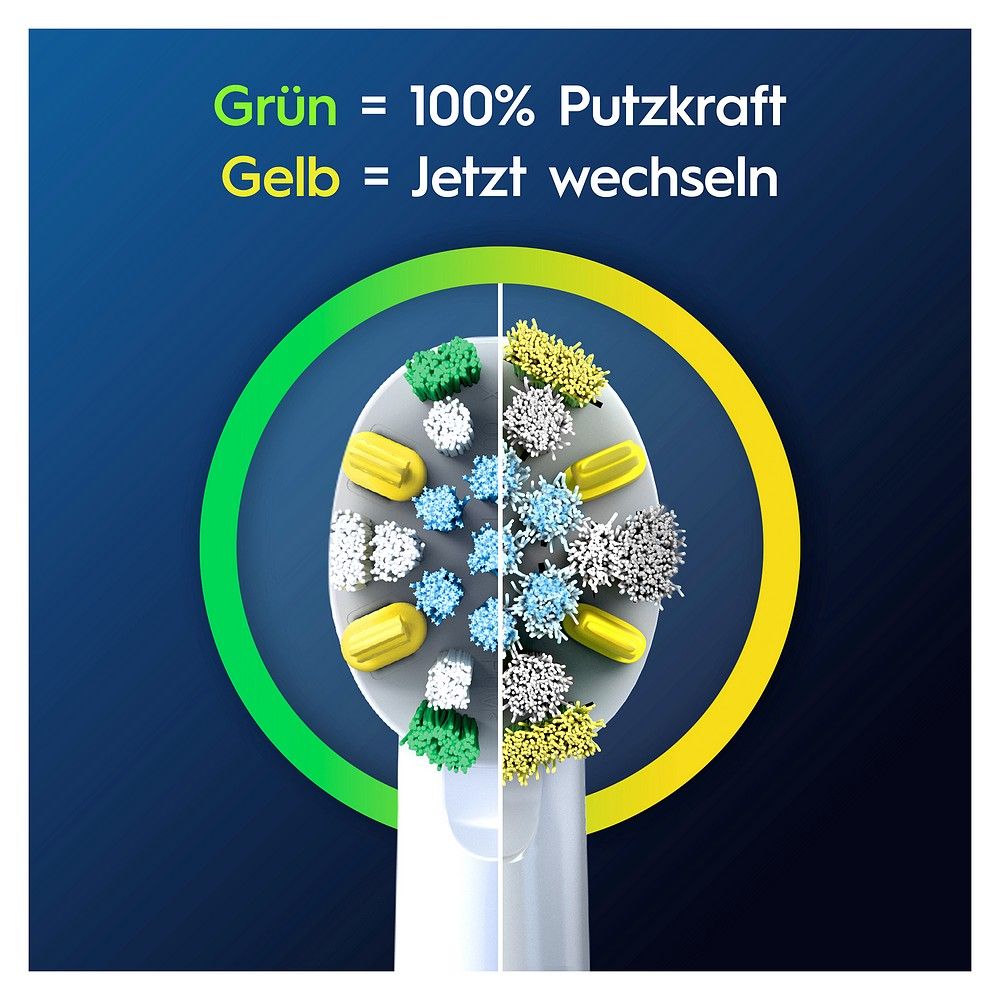 Oral-B PRO opzetborstels: Groene borstels voor 100% poetskracht, gele om te vervangen.
