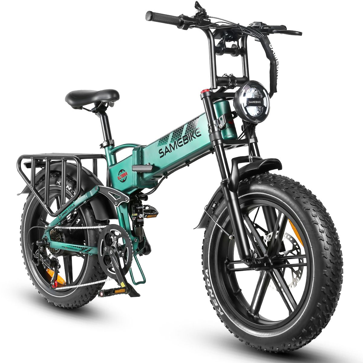 Vélo électrique de montagne SAMEBIKE RS-A02 vert. Pneus noirs, porte-bagages, garde-boue. Phare. Pneus Kenda.