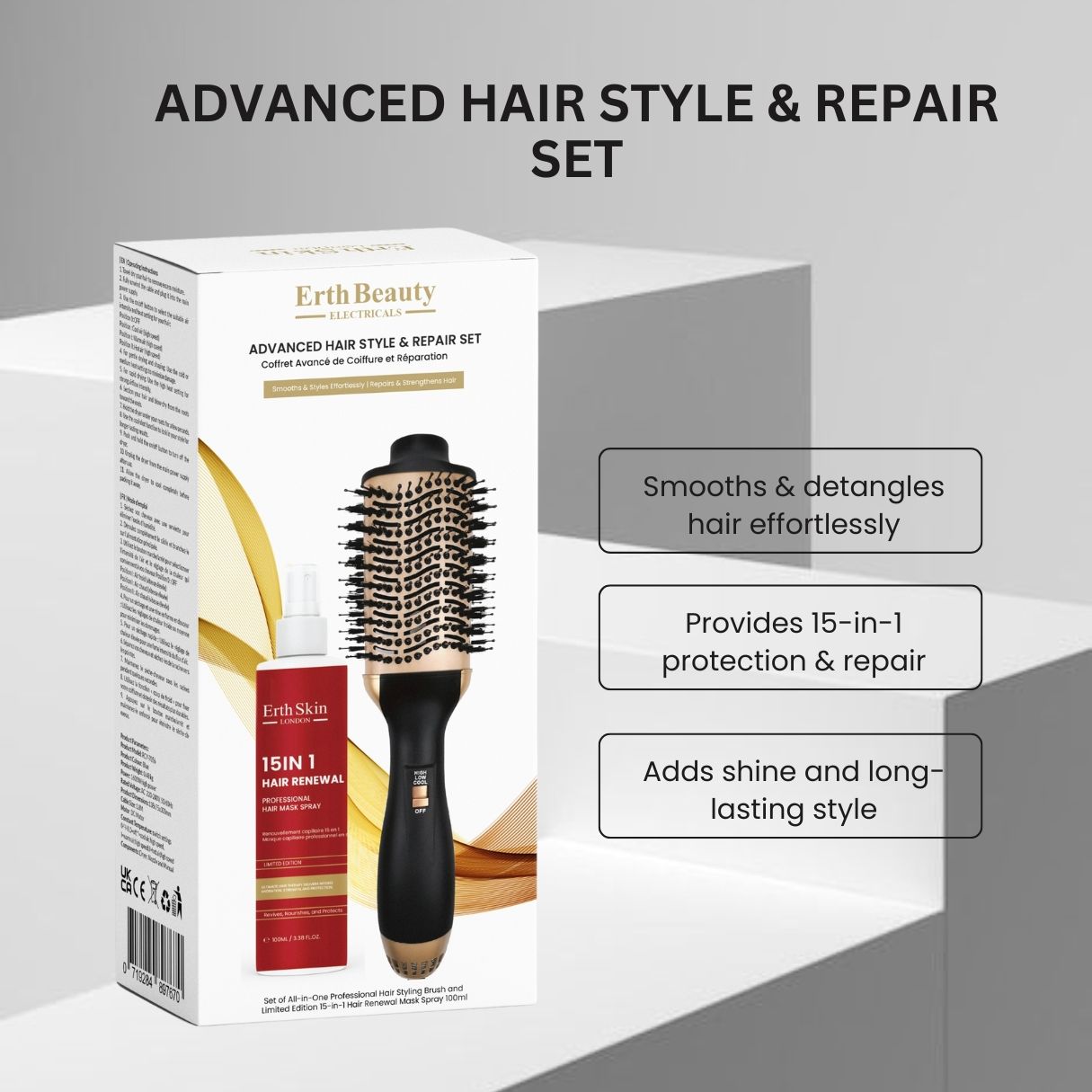Verpakking van de haarstyling- en reparatieset met productafbeeldingen en tekst.