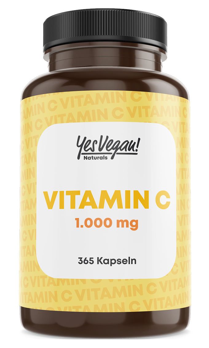 Fles met 365 vegane vitamine C capsules, 1000 mg. Jaarvoorraad.
