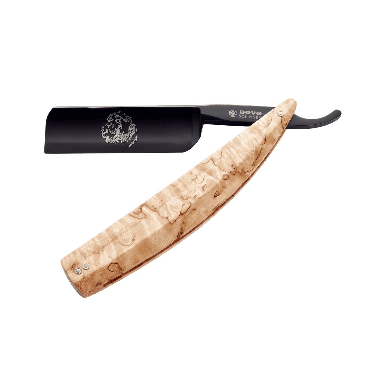 Scheermes met houten handvat. Zwart lemmet met leeuw en DOVO logo. Houten handvat.