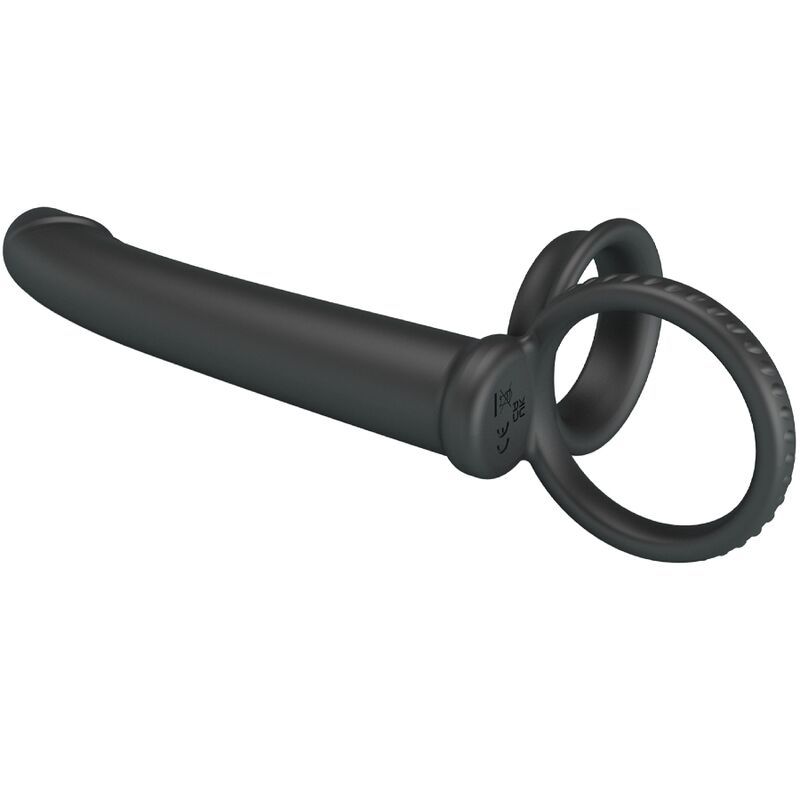 Anneau de pénis noir avec deux boucles et un bord texturé.