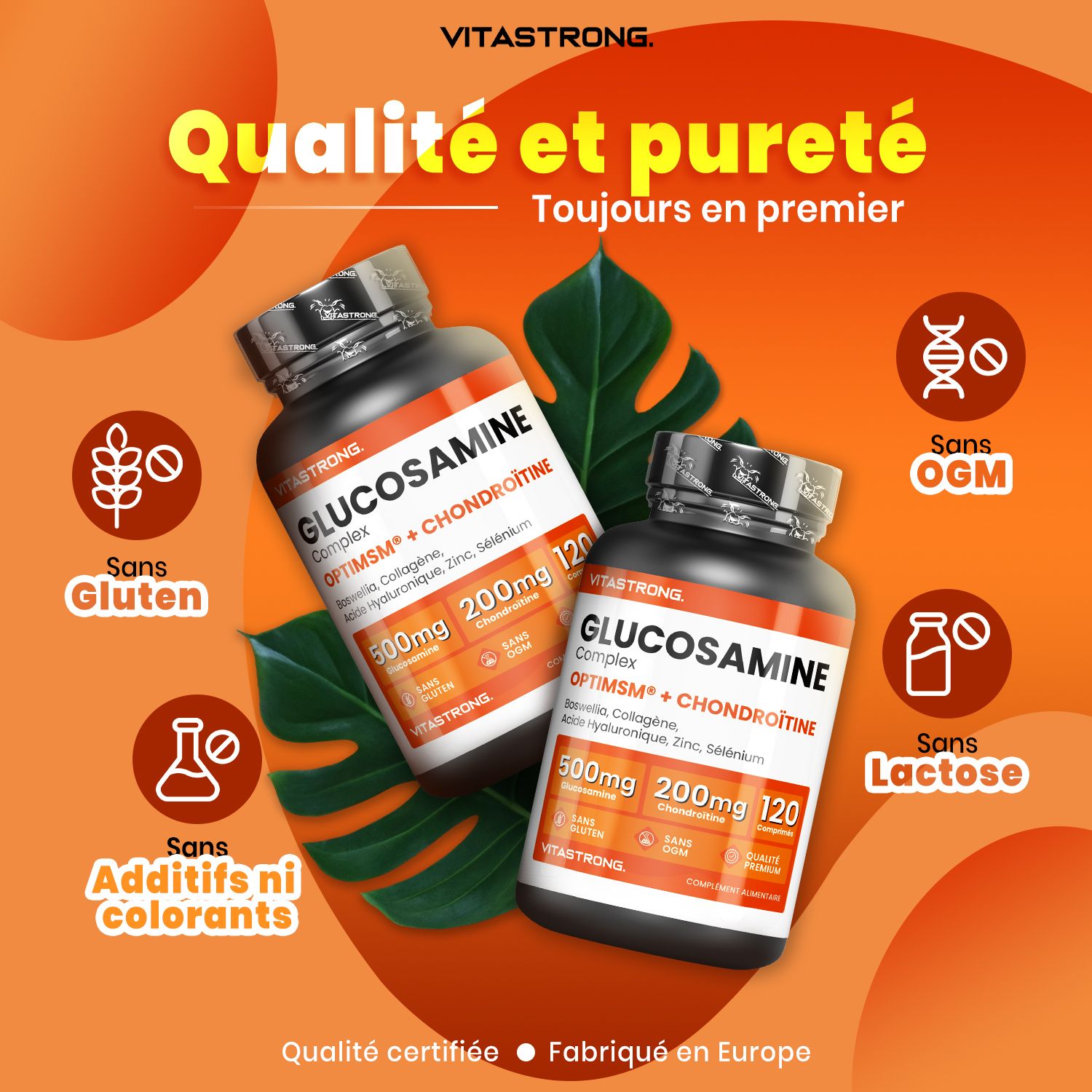 Vitastrong Glucosamine + Chondroïtine fles. Opschrift: 120 tabletten. Oranje achtergrond. Vitastrong logo. Tekst.