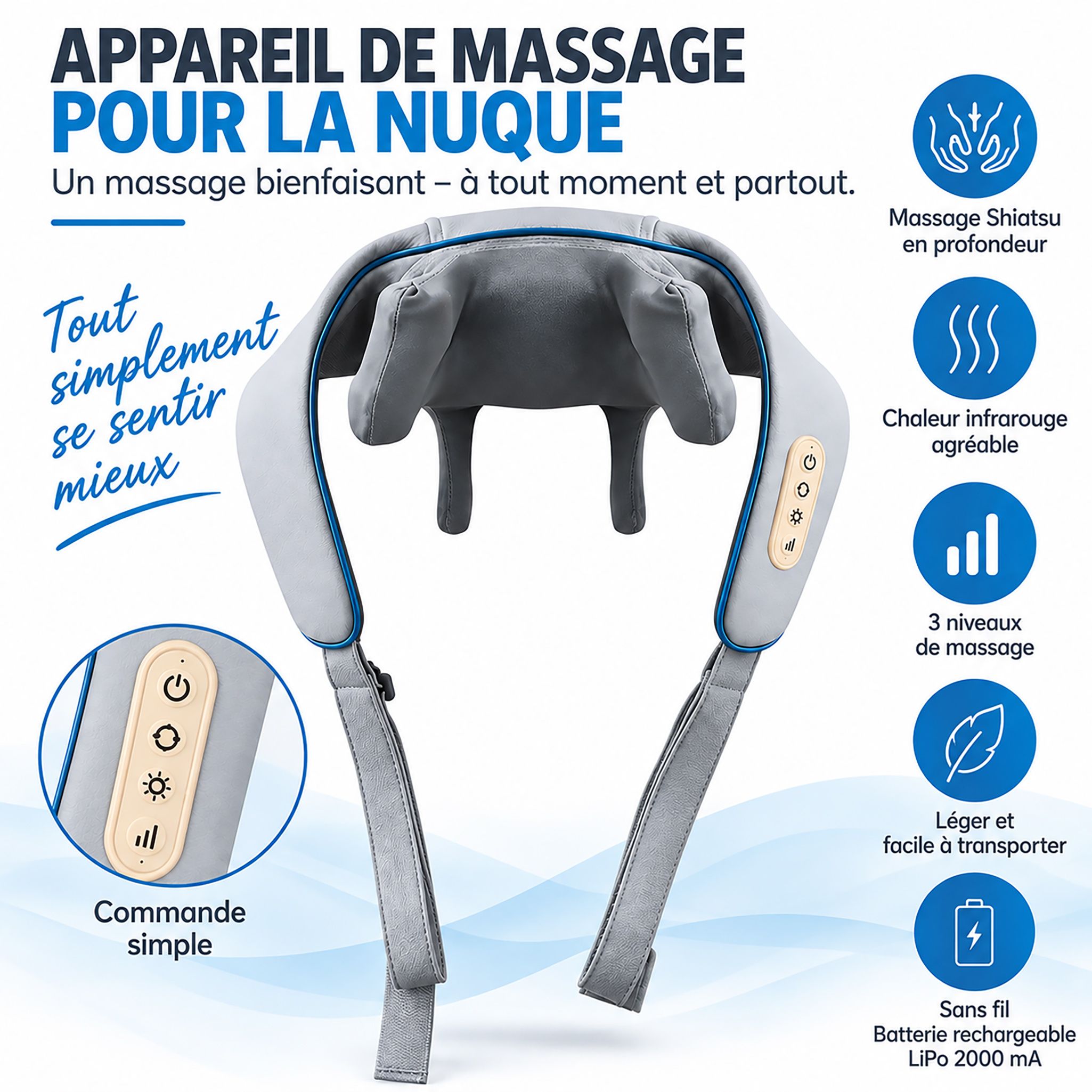 Masseur de nuque gris avec 4 têtes de massage, vue arrière.