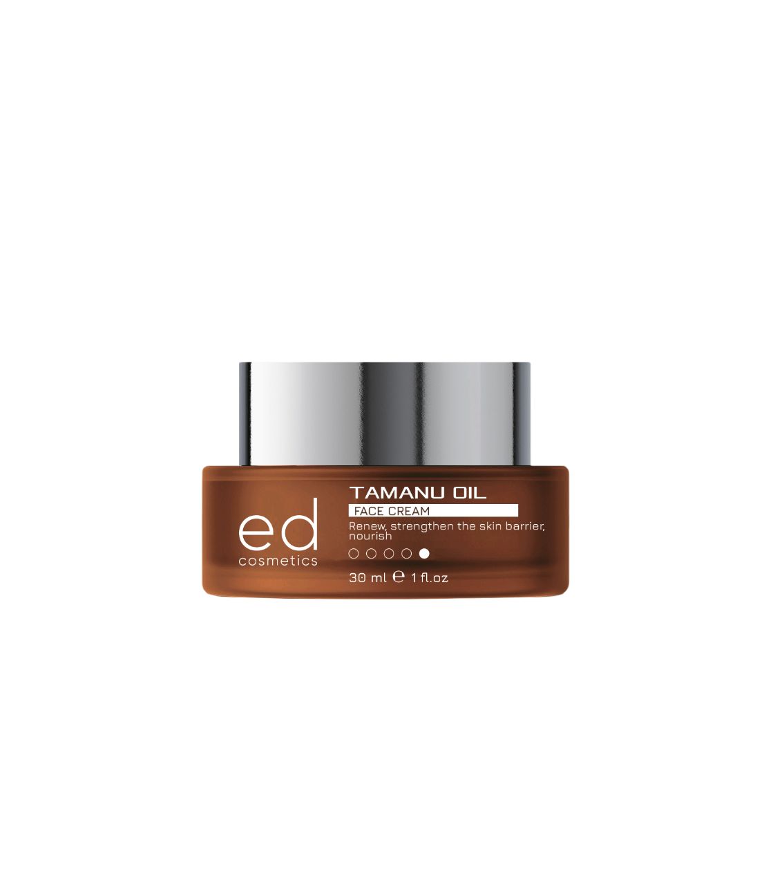 Bruine pot met zilveren deksel. Opschrift: ED cosmetics, Tamanu Oil Face Cream. 30 ml.