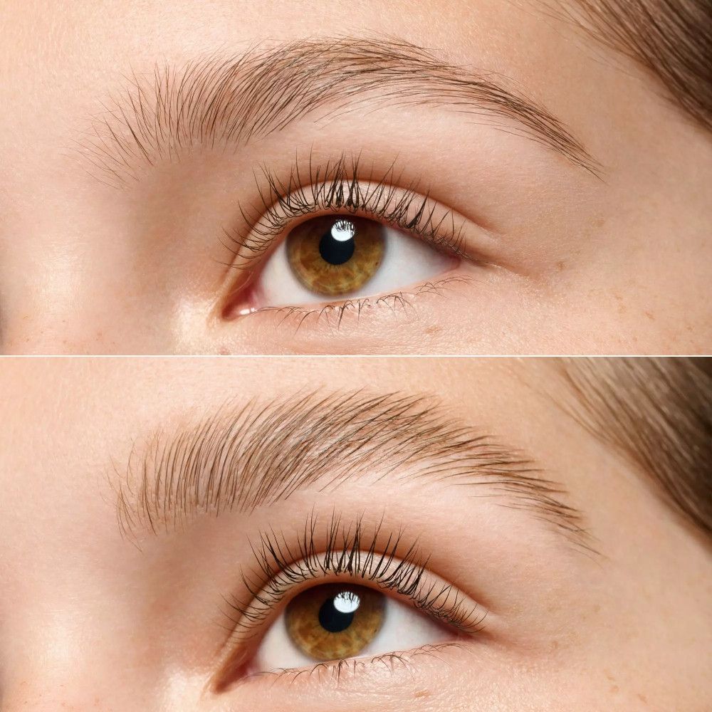 Deux paires de sourcils. En haut : non façonnés. En bas : façonnés. Nom du produit : brow lift & freeze glue.