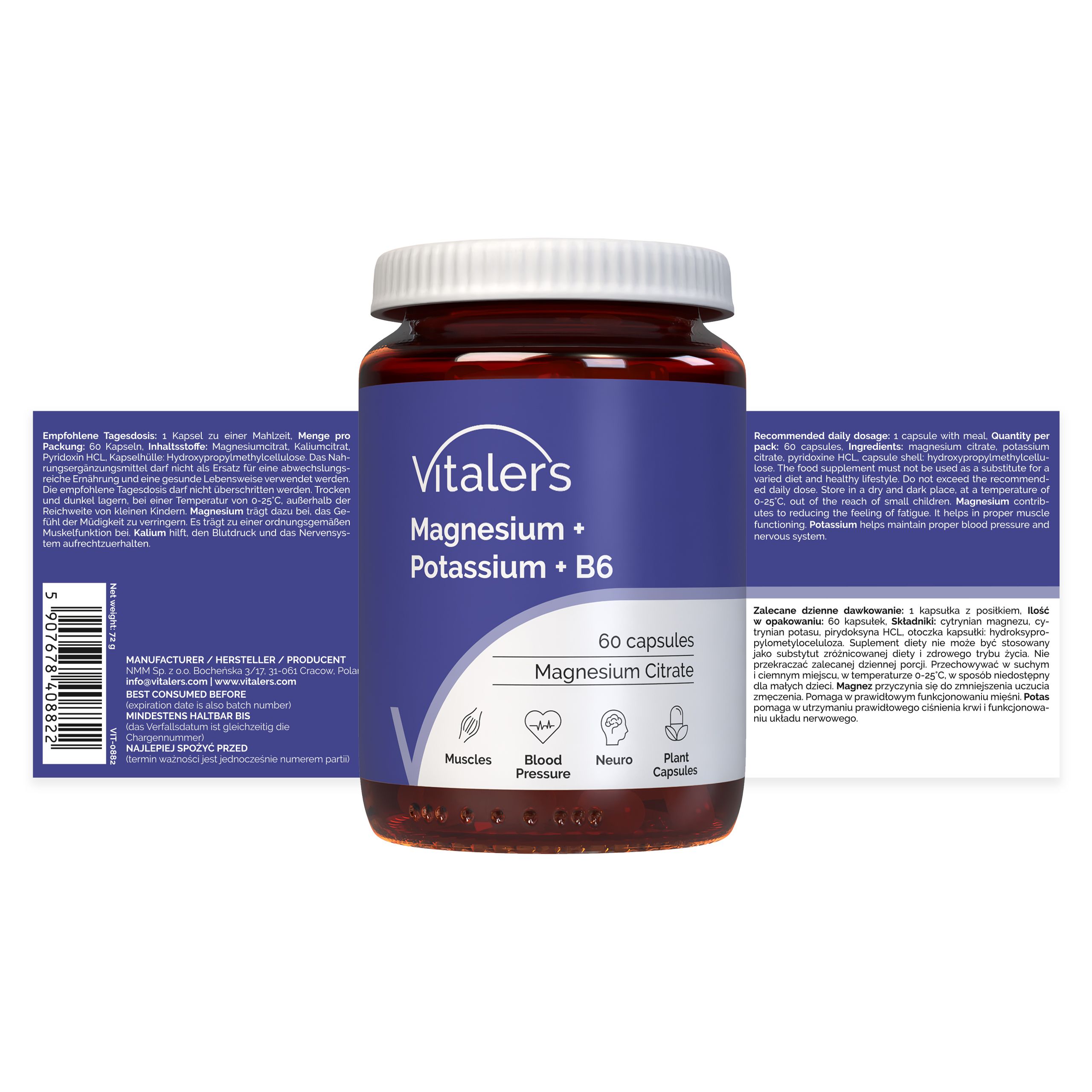 Vitaler's Magnesium + Kalium + B6 potje en doos. Achterkant potje met informatie.