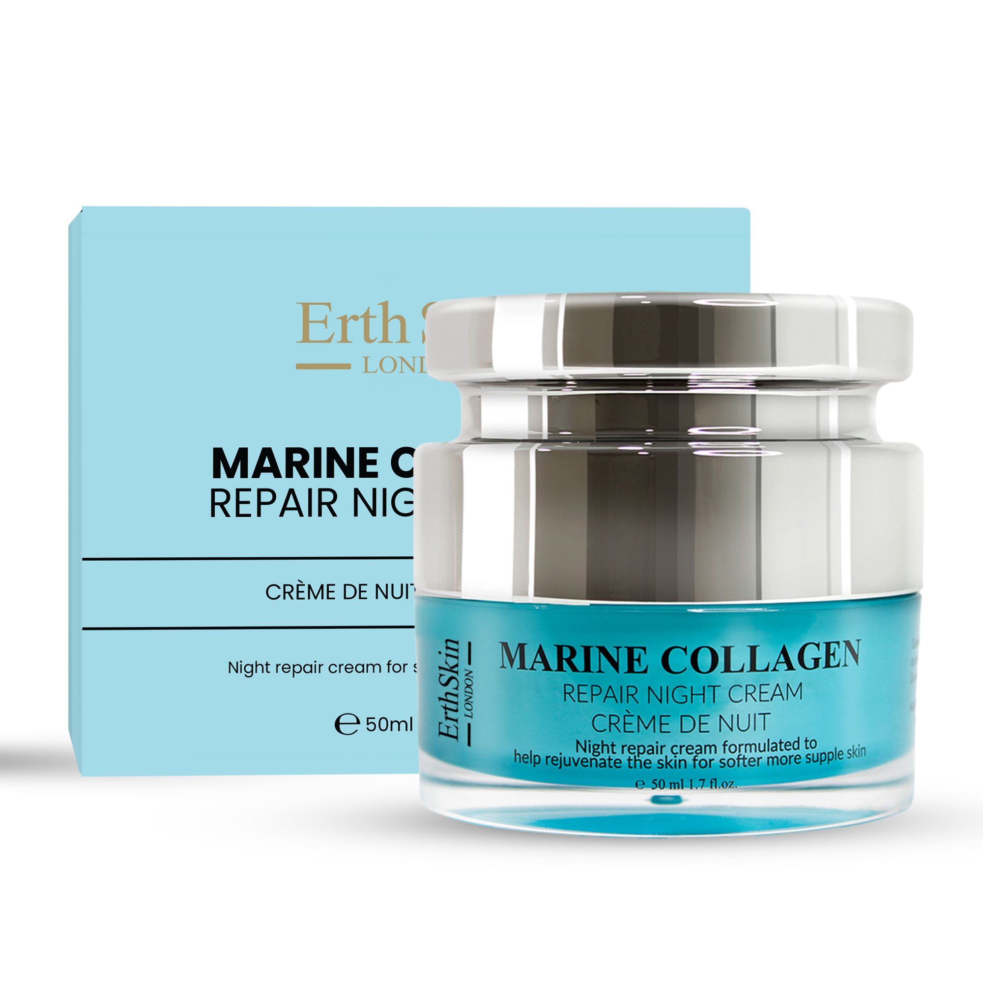 Pot Marine Collagen nachtcrème met doos. Blauw glas, zilveren deksel. Tekst: Marine Collagen, Repair Night Cream, Crème de Nuit. Doos met tekst.