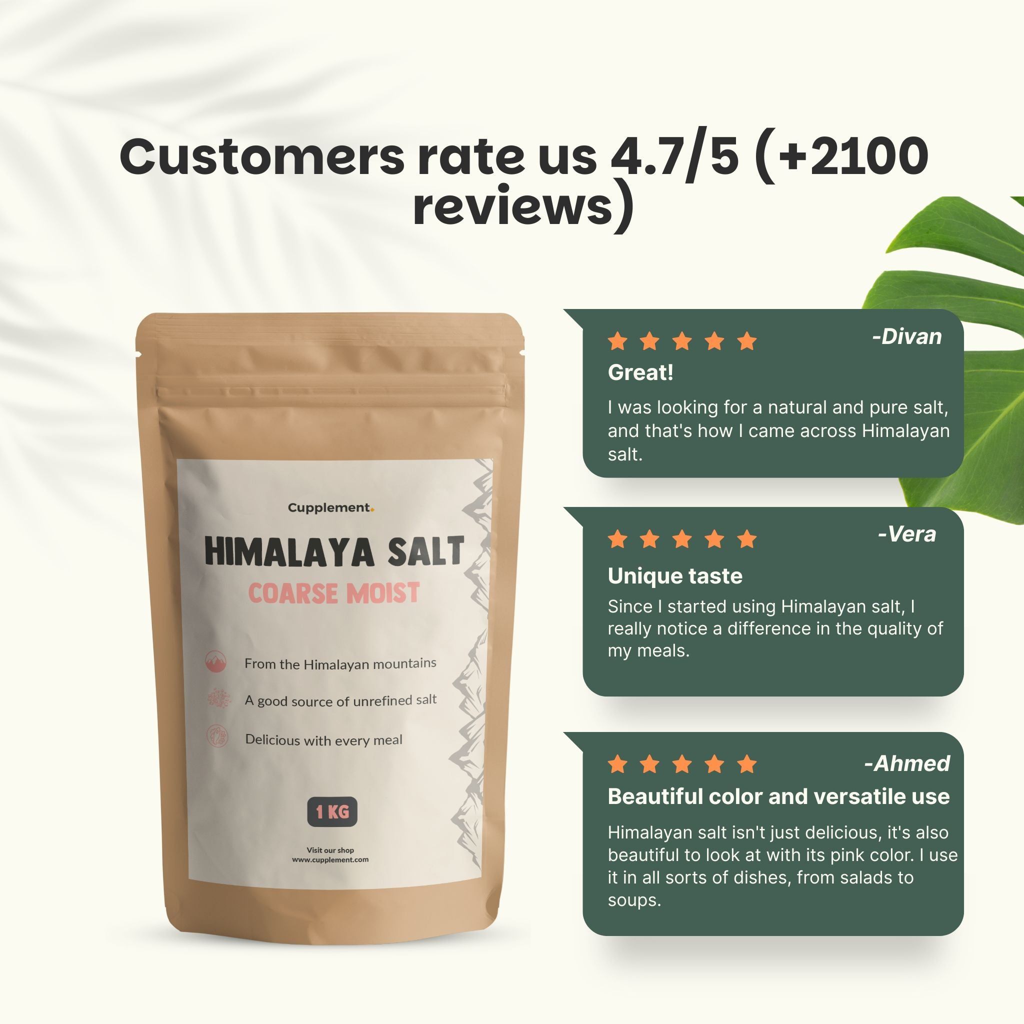 Sachet de sel de l'Himalaya, grossier, humide. Texte: Cupplement, Himalaya Salt, 1 kg. Évaluation client 4.7/5. Citations.