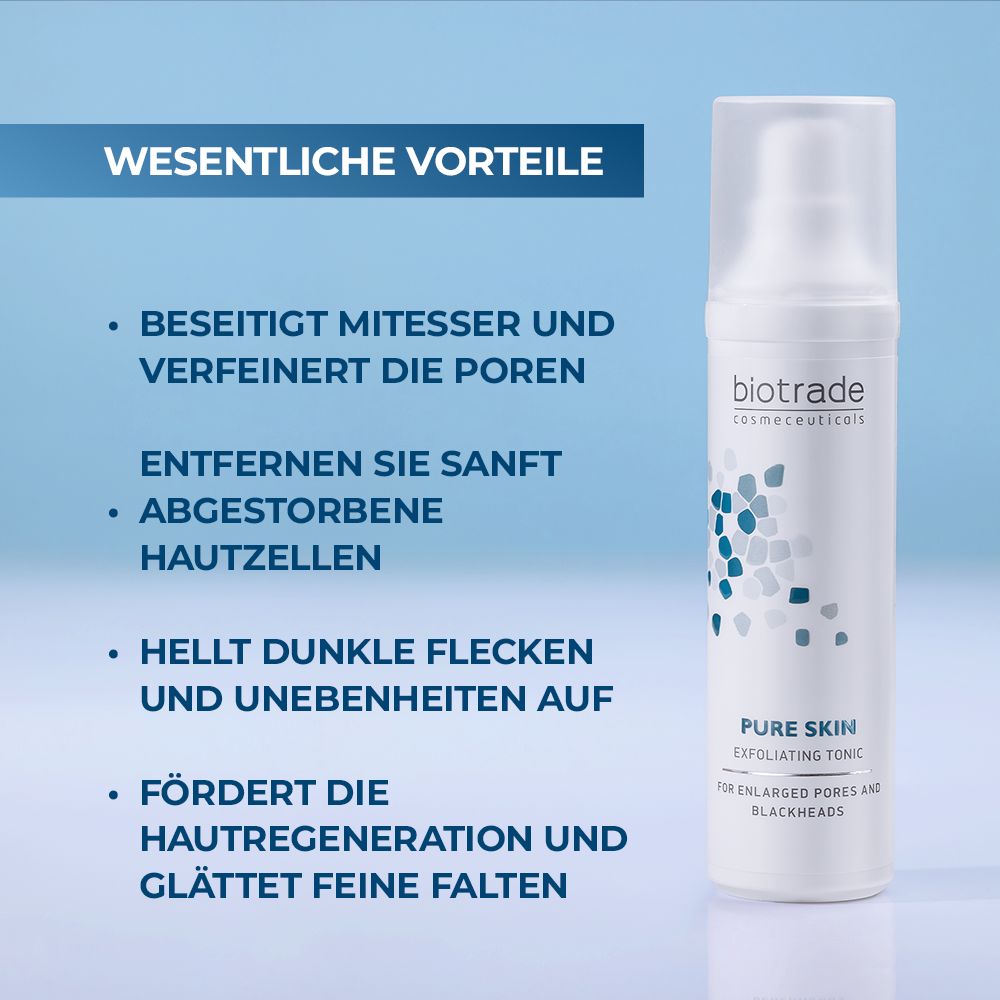 Flacon blanc Pure Skin Exfoliating Tonic. Texte: Élimine les points noirs, affine les pores, éclaircit les taches, lisse les rides. Biotrade.