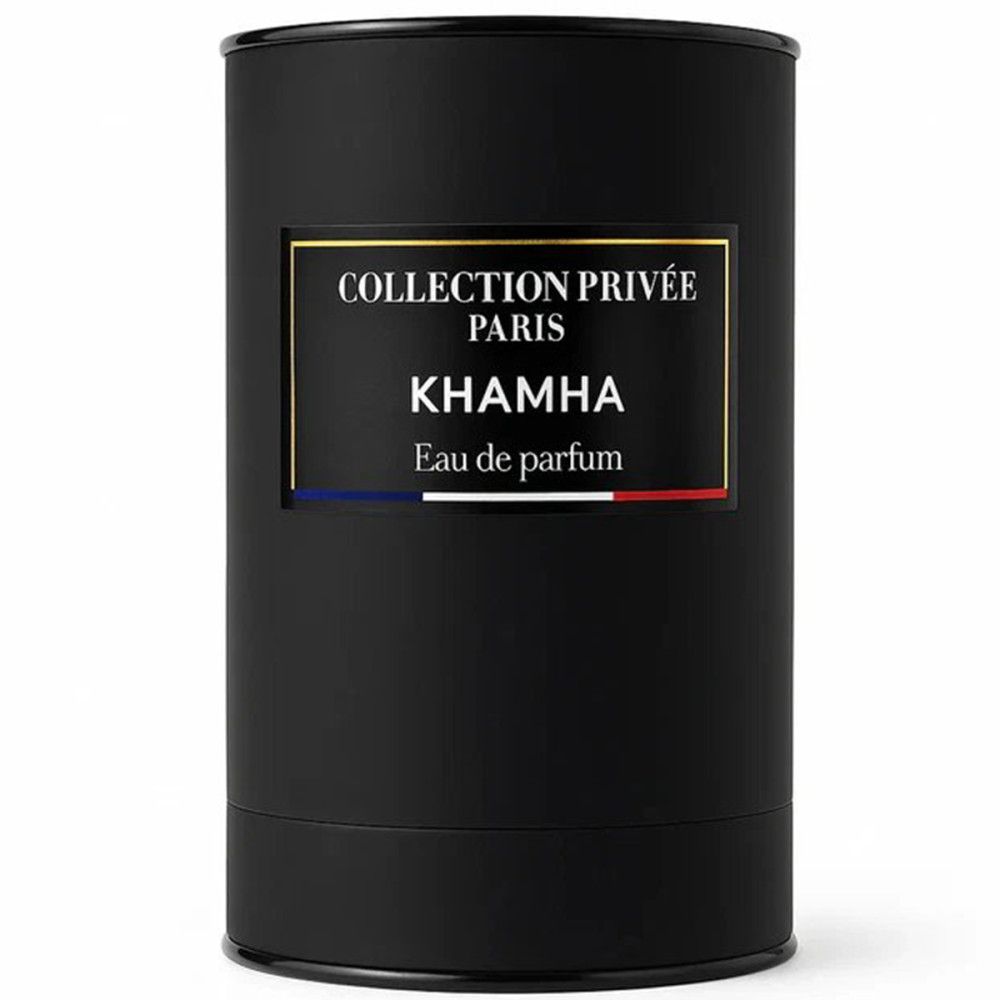 Emballage cylindrique noir. Inscription: Collection Privée Paris, Khamha Eau de Parfum. Cadre doré et drapeau français.