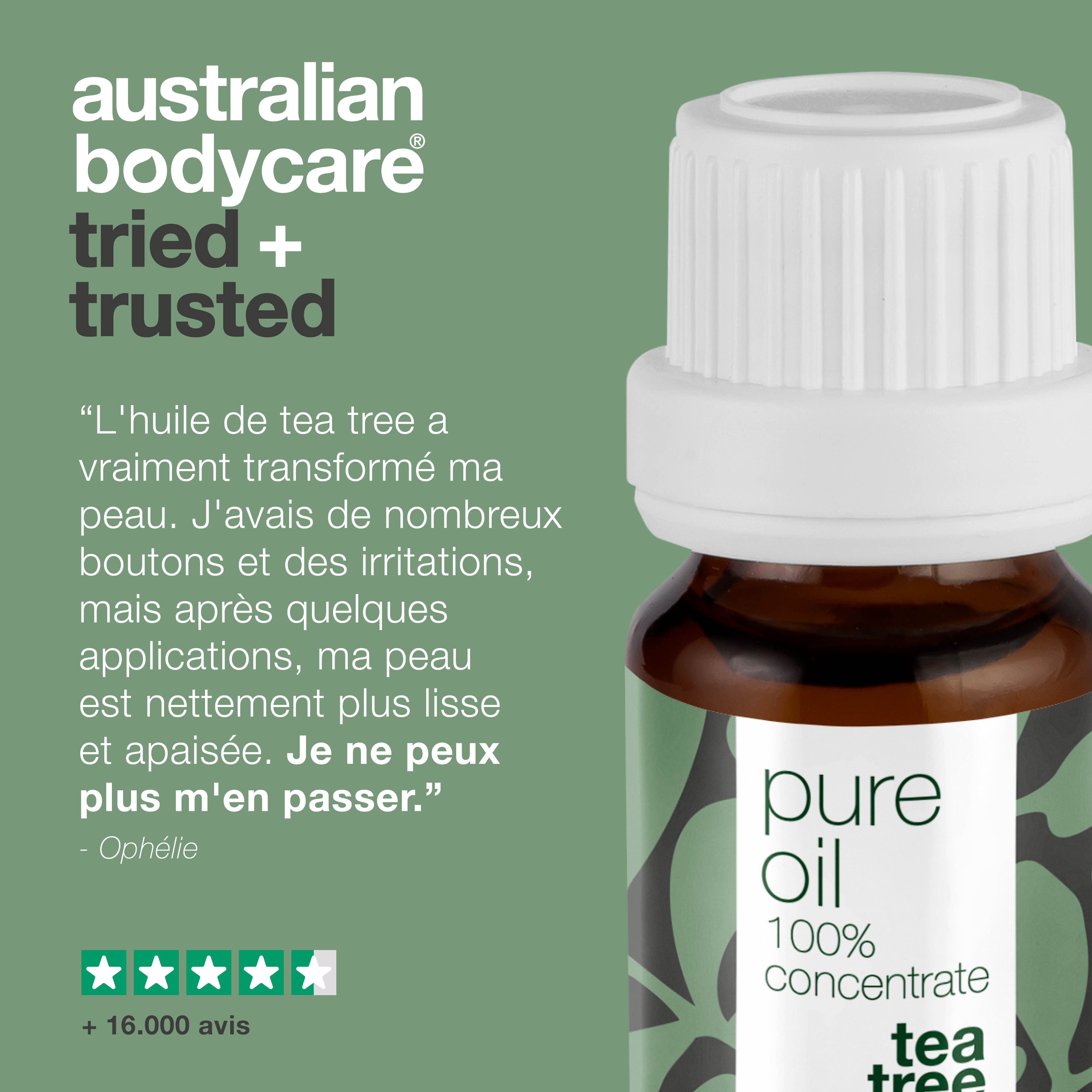 Témoignage avec texte et évaluation par étoiles. Flacon avec texte: pure oil, 100% concentrate, tea tree oil, australian bodycare.