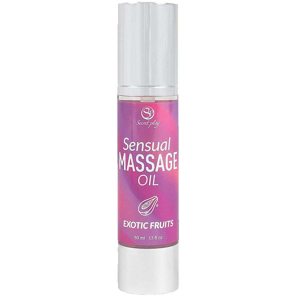 Fles massageolie. Opschrift: Sensual Massage Oil Exotic Fruits. Paars etiket, zilveren pomp.