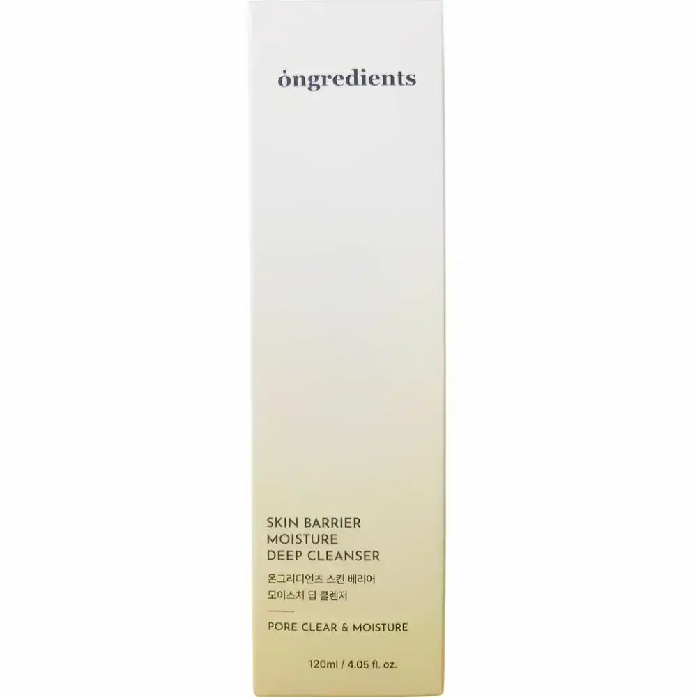 Verticale, crèmekleurige verpakking. Opschrift: Skin Barrier Moisture Deep Cleanser. 120 ml.