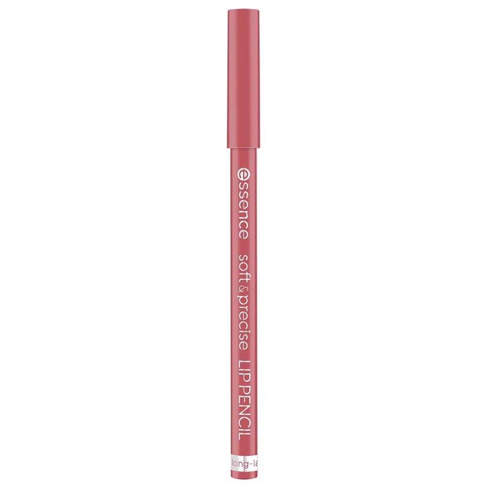 Lipliner Soft & Precise van Essence. Roze potlood met dop. Opschrift: Essence, Soft & Precise, LIP PENCIL.
