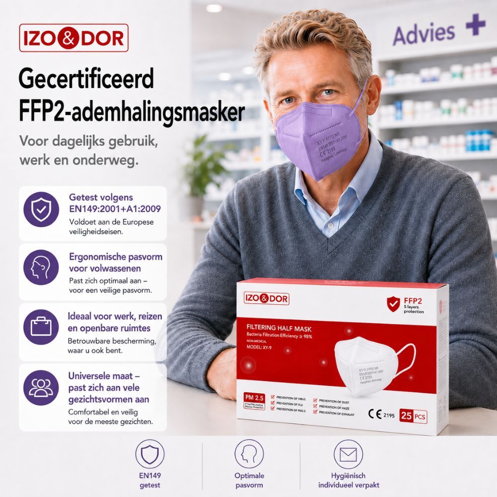 Vrouw draagt violet FFP2-masker; verpakking toont 5 lagen, CE-certificering.