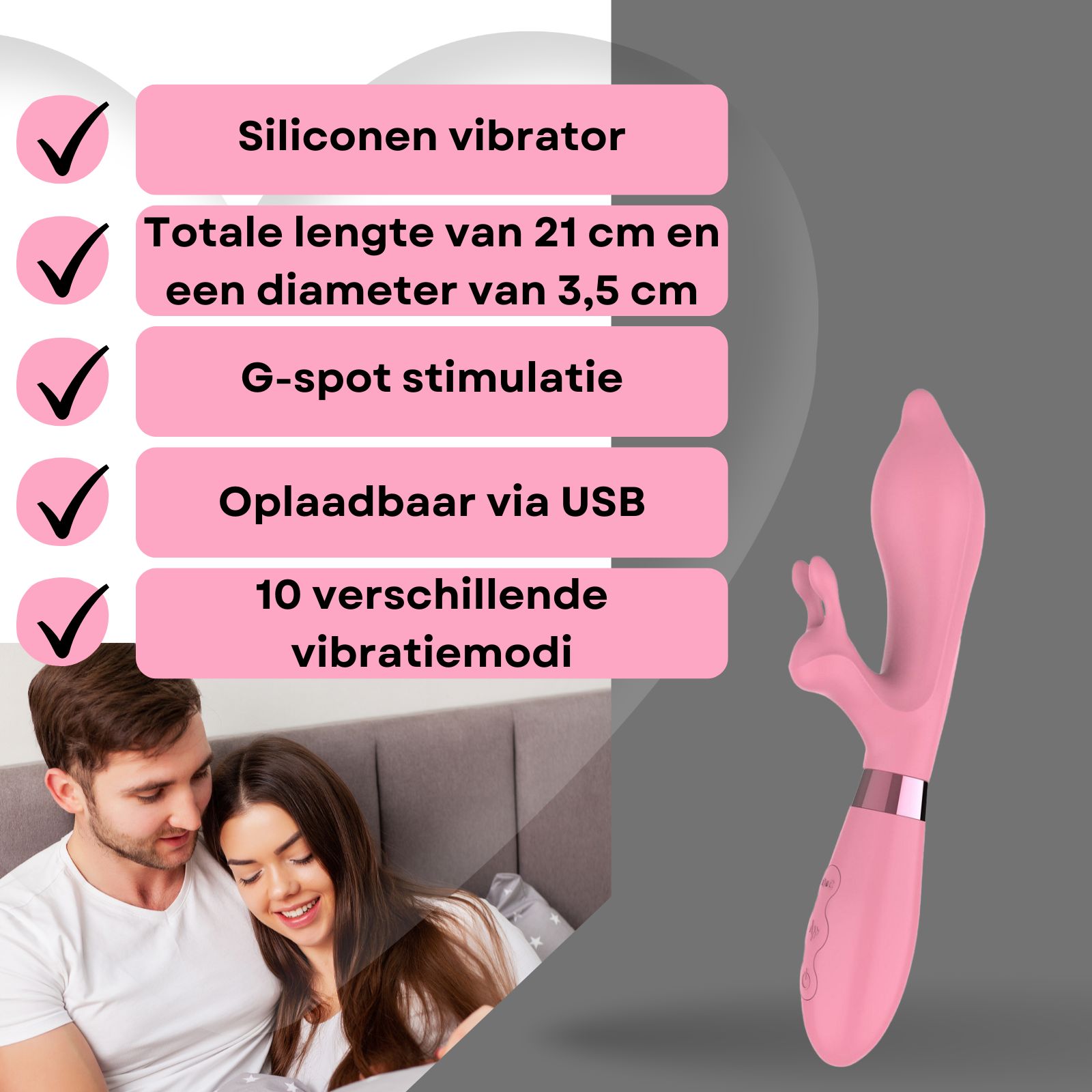 Roze vibrator met konijnenoren. Op wit voetstuk, achtergrond met paar.