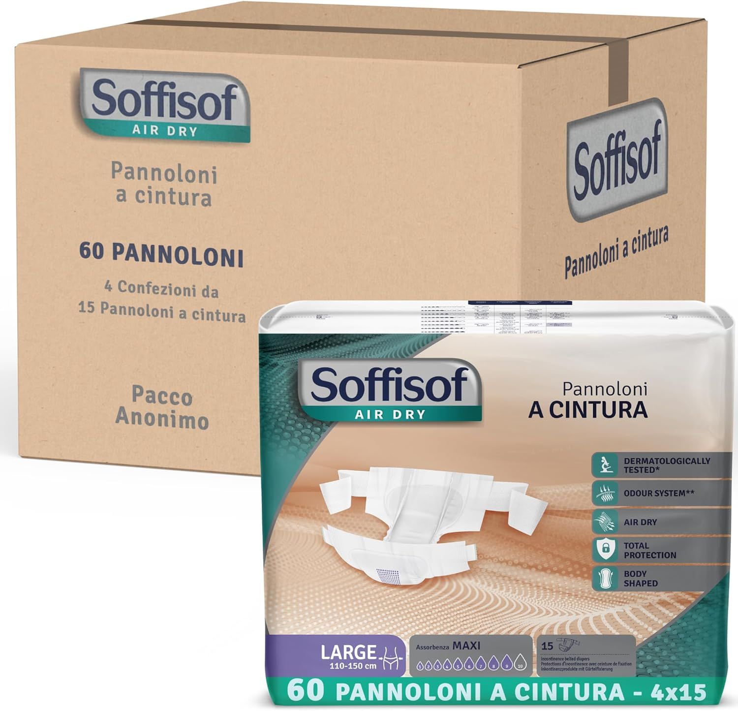 Carton de paquets de protections contre l'incontinence. 60 pièces. Avec ceinture. Testé dermatologiquement, contrôle des odeurs, Air Dry, Total Protection.