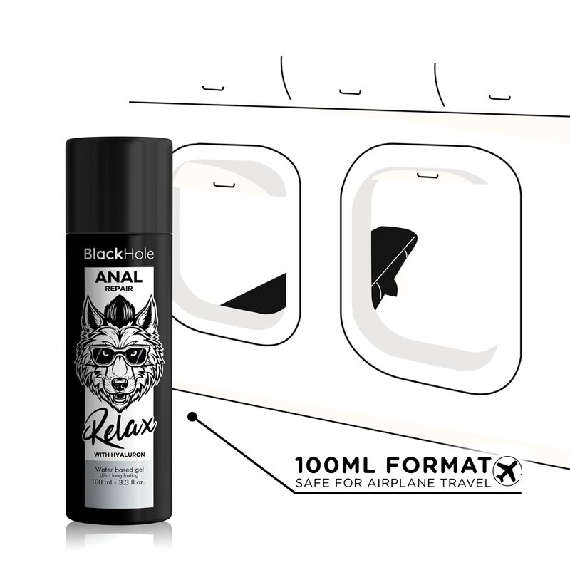 Flacon noir avec inscription: Black Hole ANAL REPAIR. Loup avec lunettes, Relax. Format 100ml. Symbole avion.