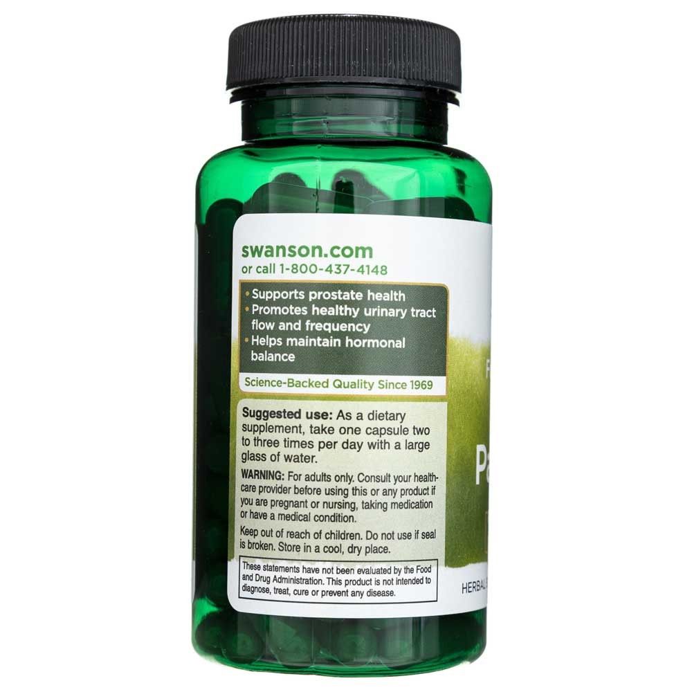 Arrière d'une bouteille de gélules Saw Palmetto avec instructions d'utilisation.