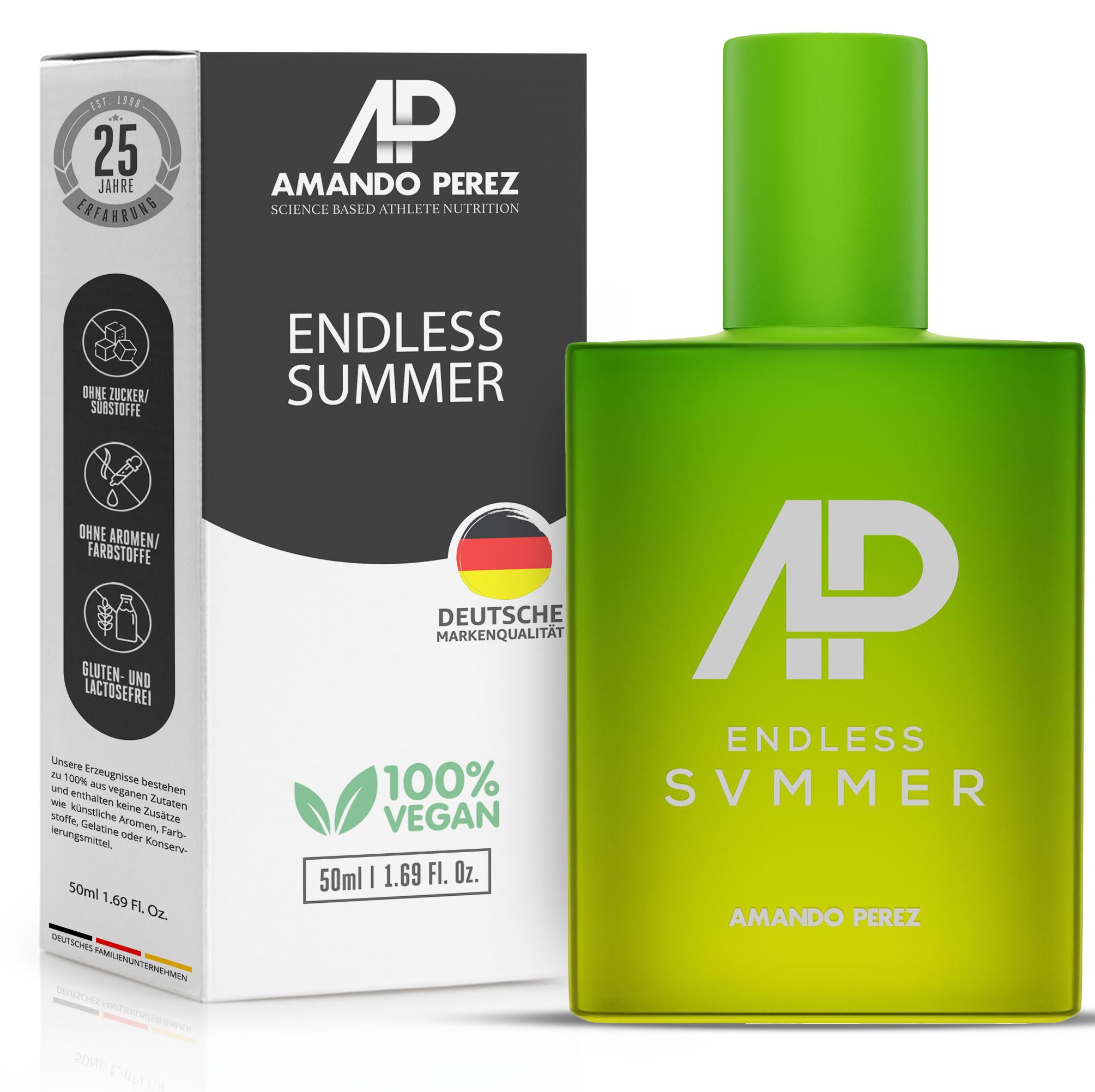 Flacon vert et emballage. Texte : AP, Endless Summer, Amando Perez. 50ml 1.69 Fl. Oz. 100% Vegan. Sans gluten et sans lactose. Qualité allemande.