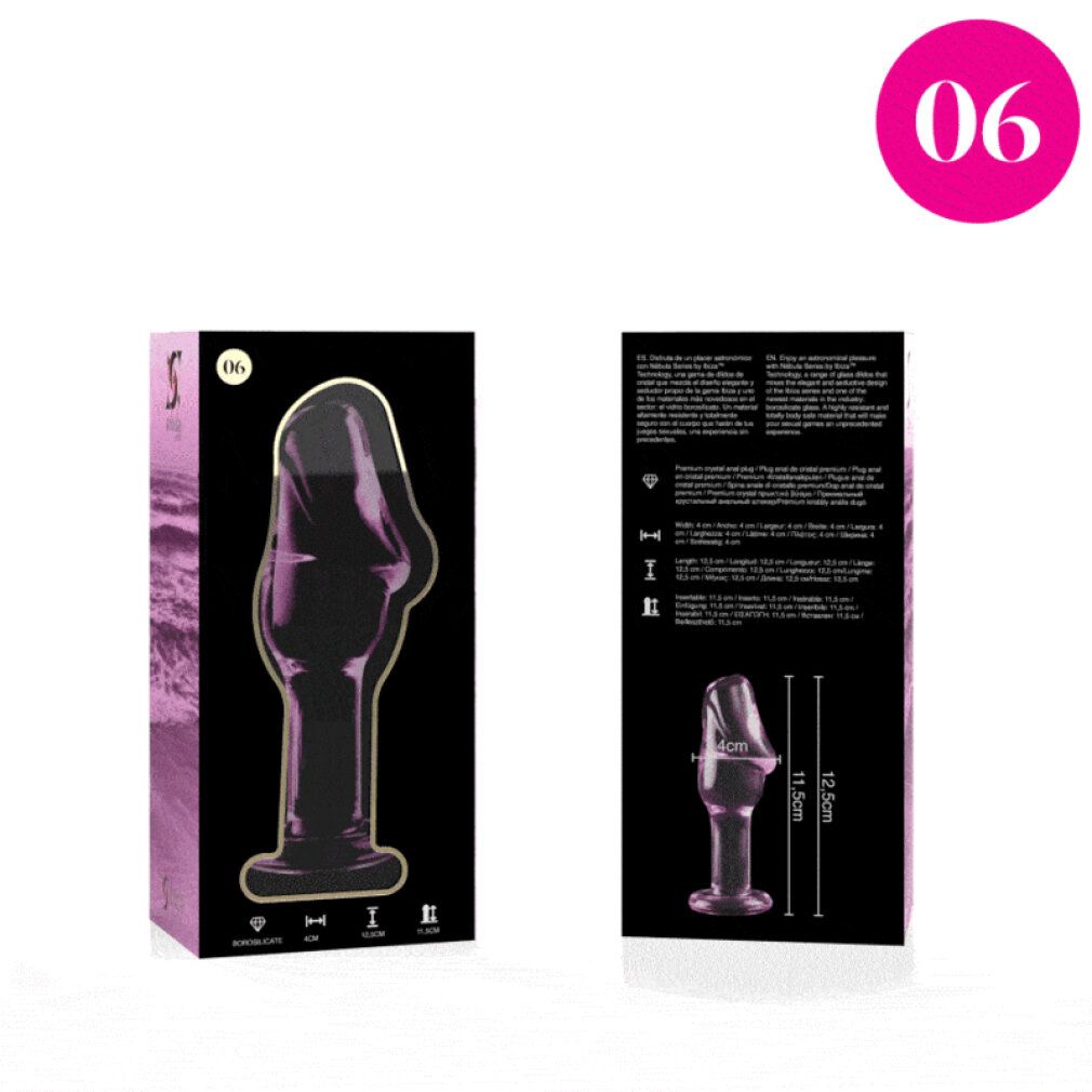 Emballage avec un plug anal en verre rose, 12,5 x 4 cm.
