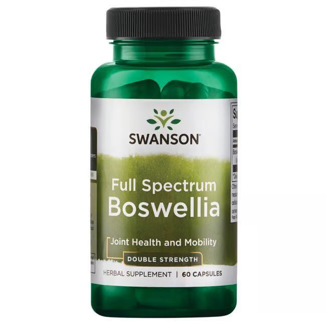 Flacon vert avec bouchon noir. Inscription: SWANSON, Full Spectrum Boswellia, 60 gélules.