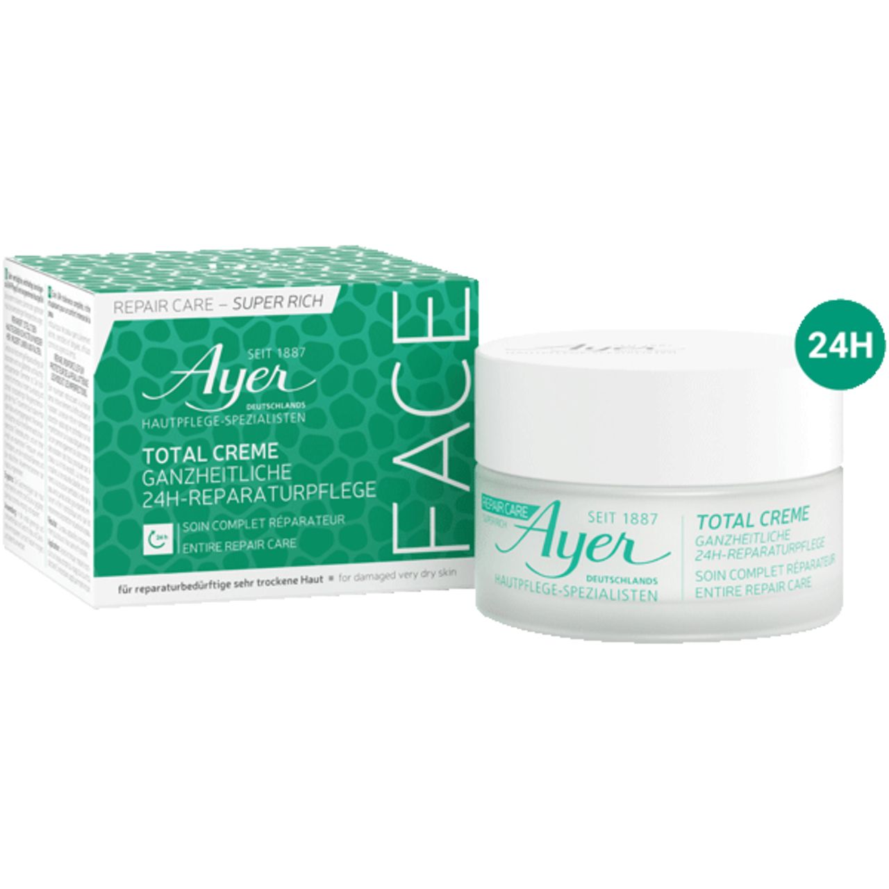 Ayer Total Creme, pot en verpakking. Opschrift: 24H herstelverzorging. Groen-witte verpakking.