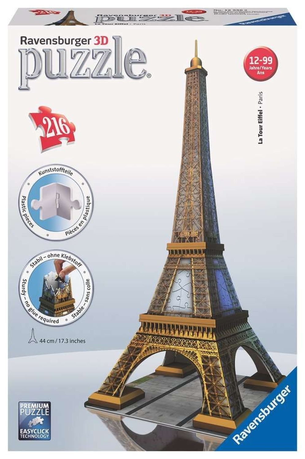 3D-puzzel Eiffeltoren, 216 stukjes, 44 cm hoog. Verpakking met afbeelding en tekst. Aanbevolen leeftijd 12-99 jaar. Merk: Ravensburger.