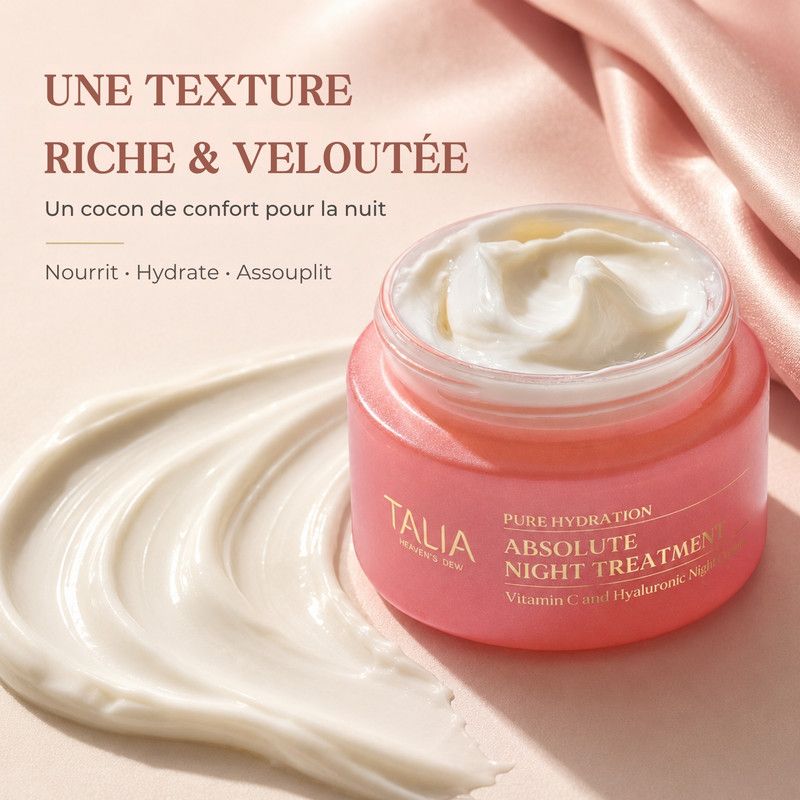 Un pot de Talia Absolute Night Treatment avec Vitamine C & Acide Hyaluronique. Icônes montrant la Vitamine C pour soutenir la peau, l'Acide Hyaluronique pour l'hydratation et le Squalane pour la souplesse.