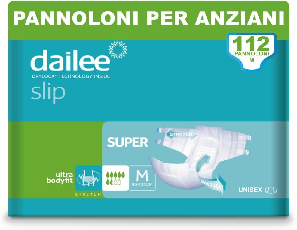 Verpakking Dailee Slip Super incontinentieluiers. Groen-turquoise, met productafbeelding en maat M. 112 stuks.
