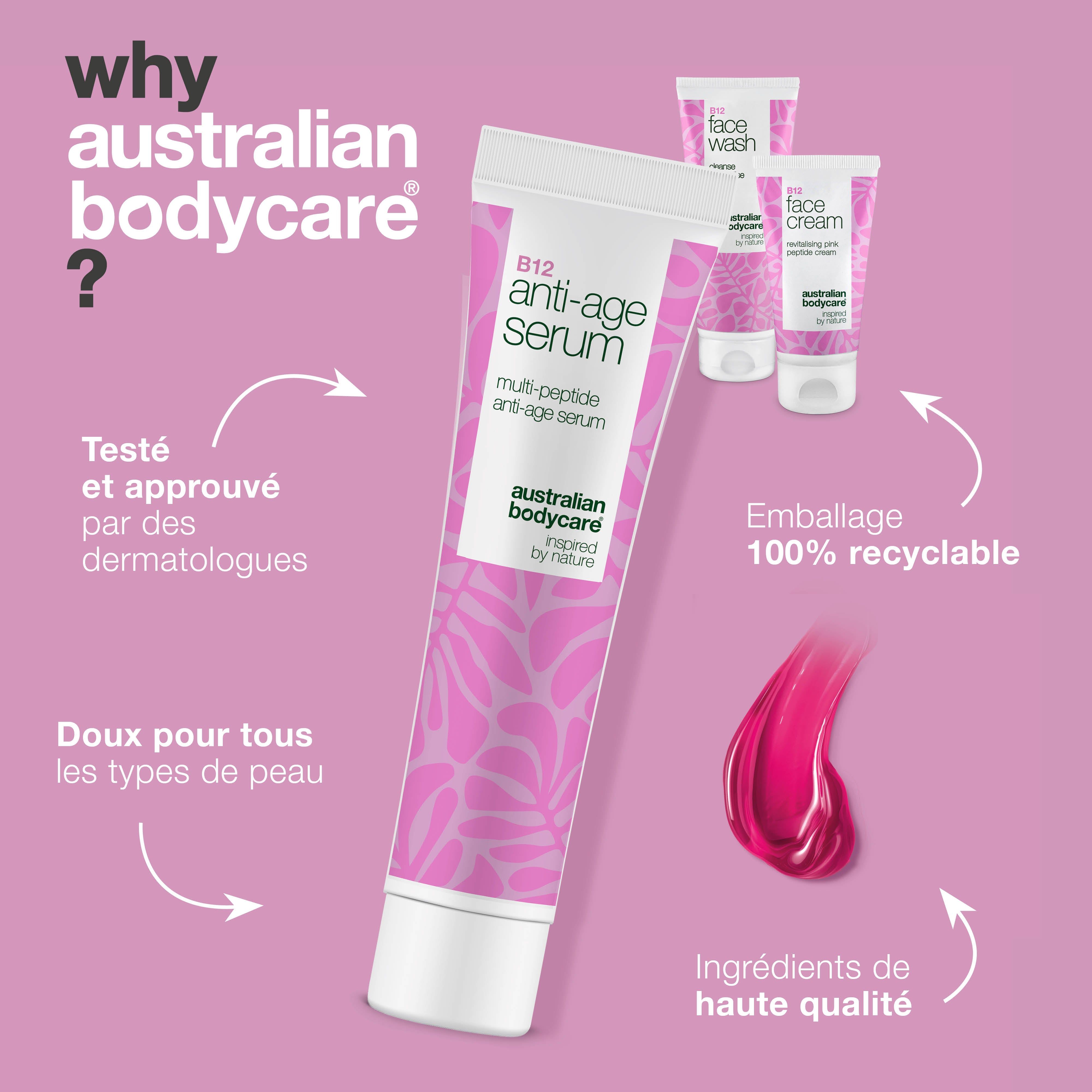 Tubes Australian Bodycare Anti-Age Serum, Face Wash et Face Cream. Texte : Pourquoi Australian Bodycare ? Fond rose.