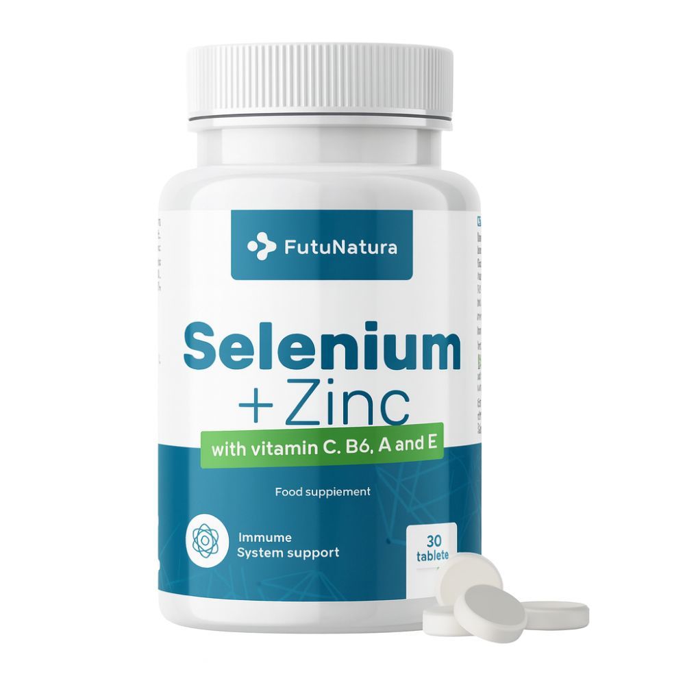 Witte fles FutuNatura Selenium + Zink tabletten. Opschrift: Selenium + Zink, met vitamine C, B6, A en E. 30 tabletten.