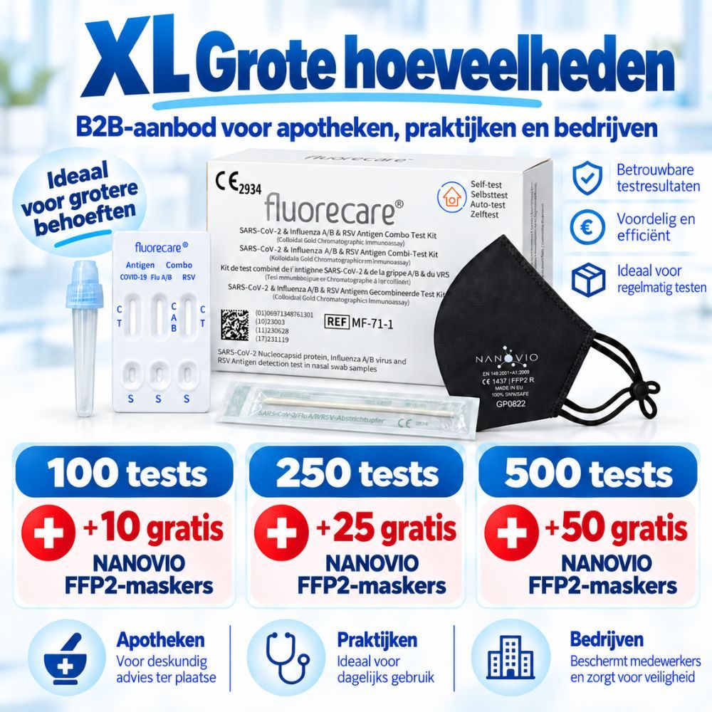 XL Grote hoeveelheden: Fluorecare testkits, maskers, hoeveelheden 100, 250, 500 tests.