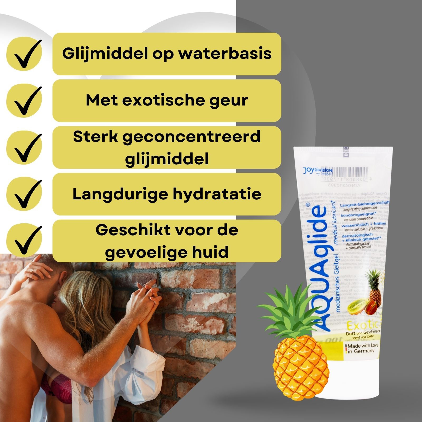 AQUAglide glijmiddel tube naast tekst. Tekst: Glijmiddel op waterbasis, exotische geur, zeer geconcentreerd, langdurige hydratatie, gevoelige huid.