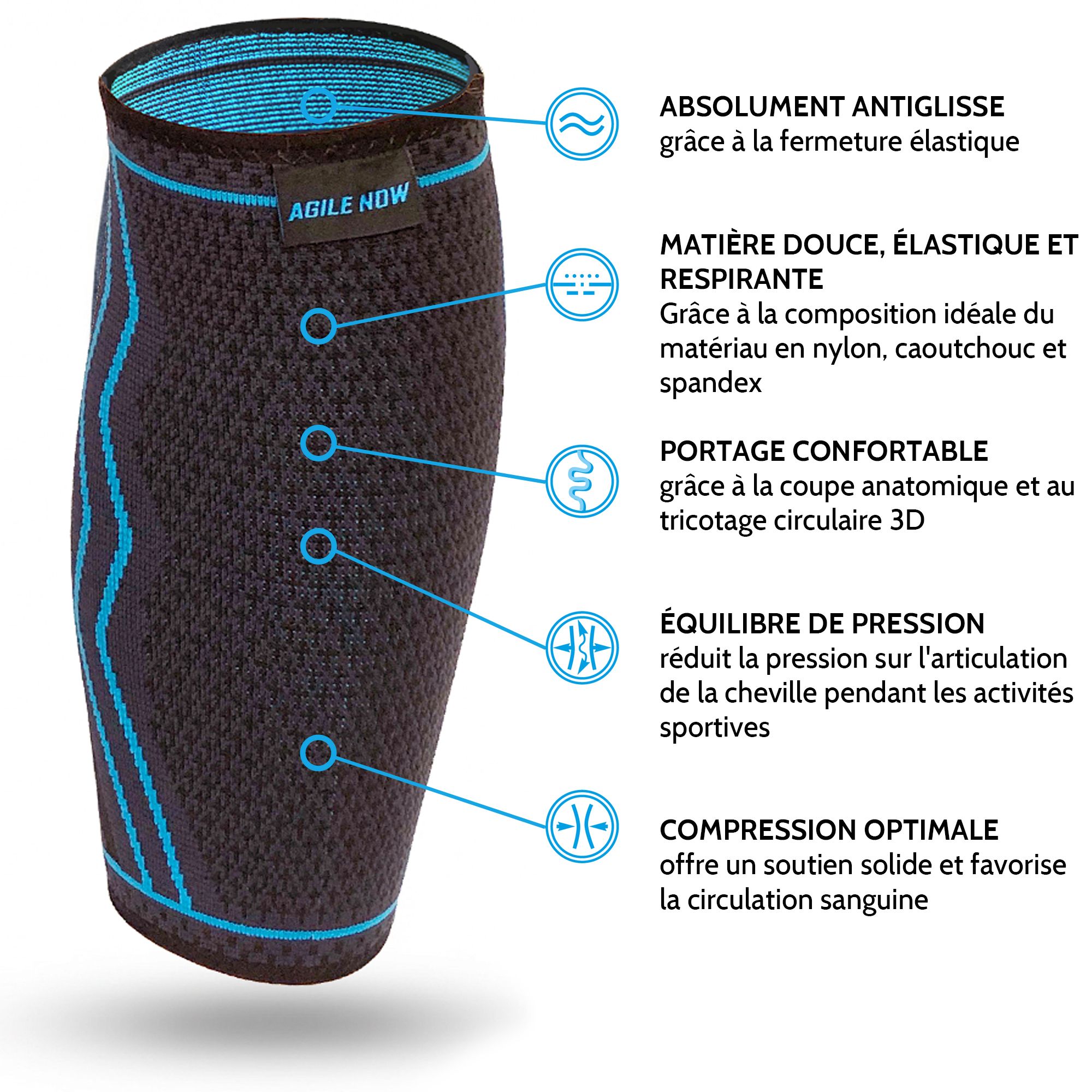 Bande de mollet noire avec accents bleus. Coupe anatomique, matière respirante. Compression optimale.