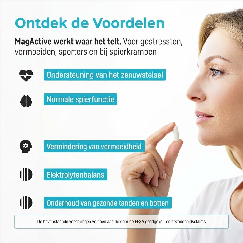 Vrouw houdt een witte capsule vast. Links staan voordelen: zenuwstelsel, spierfunctie, vermoeidheid, elektrolytenbalans, tanden en botten.