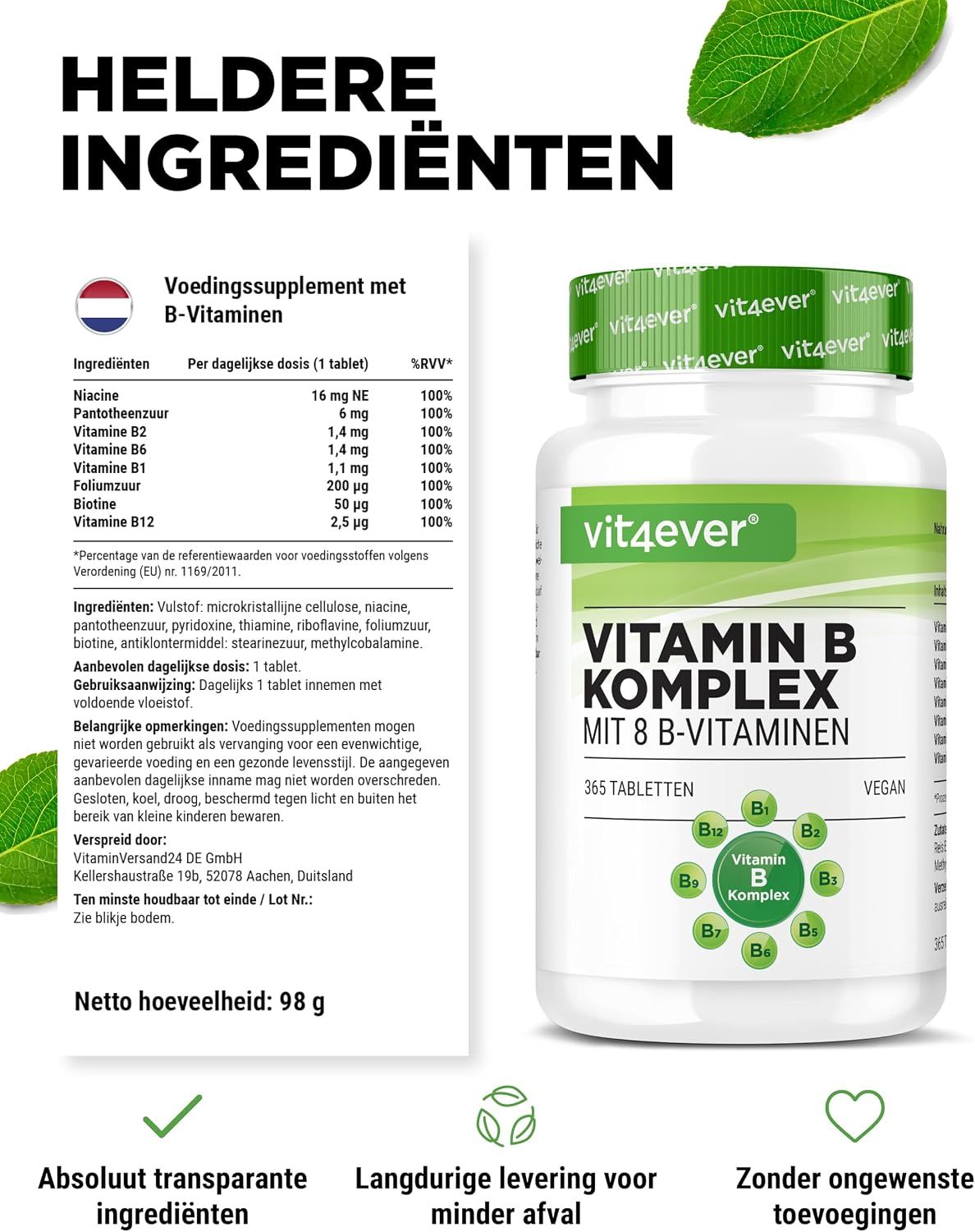 Vit4ever Vitamine B Complex: Hoge zuiverheid, vegan, zonder toevoegingen.