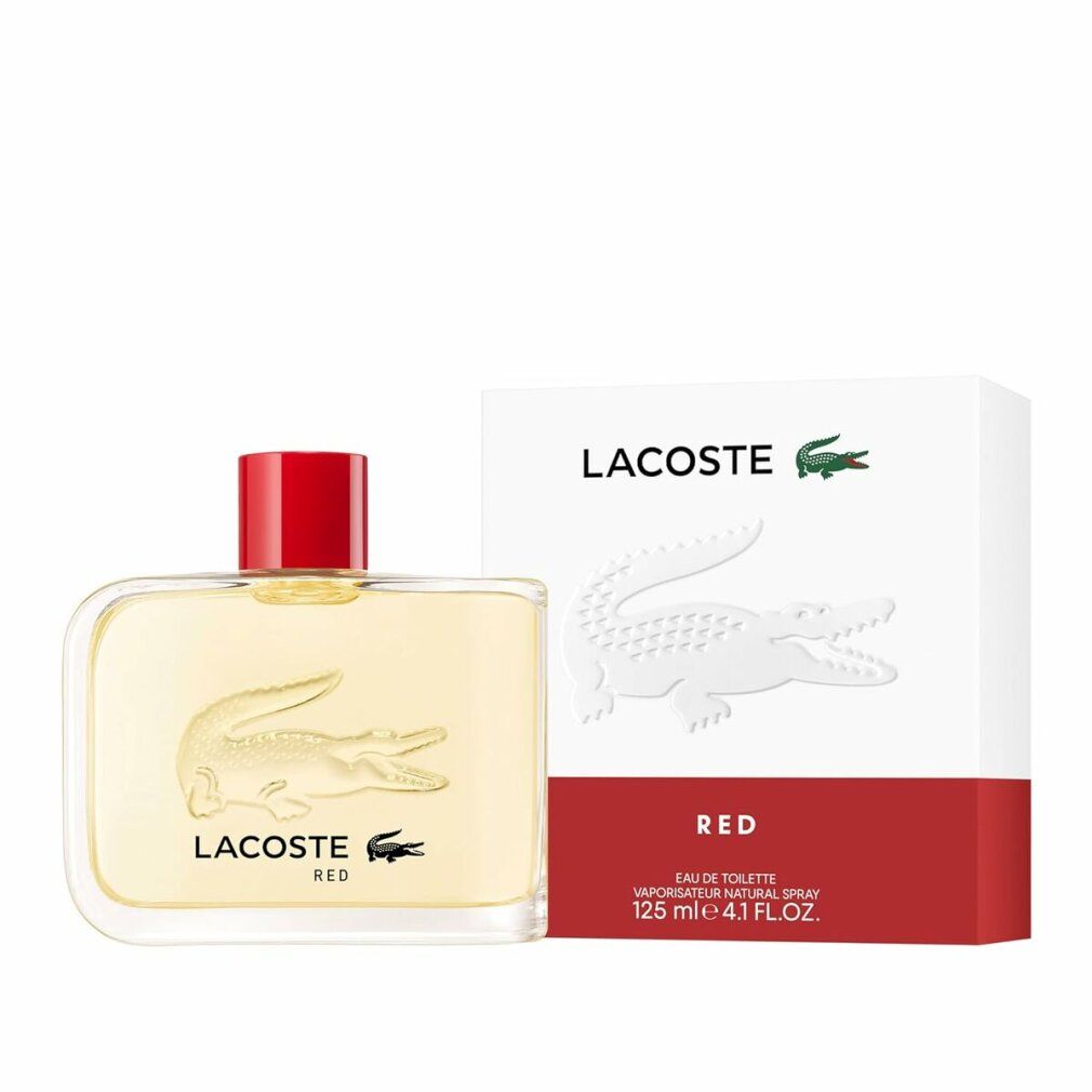 Lacoste Eau de Toilette Touche Rouge fles met rode dop en krokodil reliëf. Doos met krokodil logo.