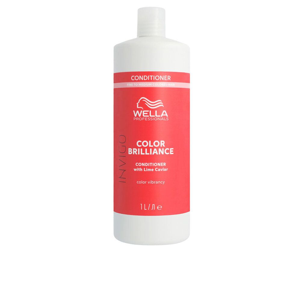 Flacon blanc avec étiquette rouge. Inscription: Wella Professionals Invigo Color Brilliance Conditioner. 1L.