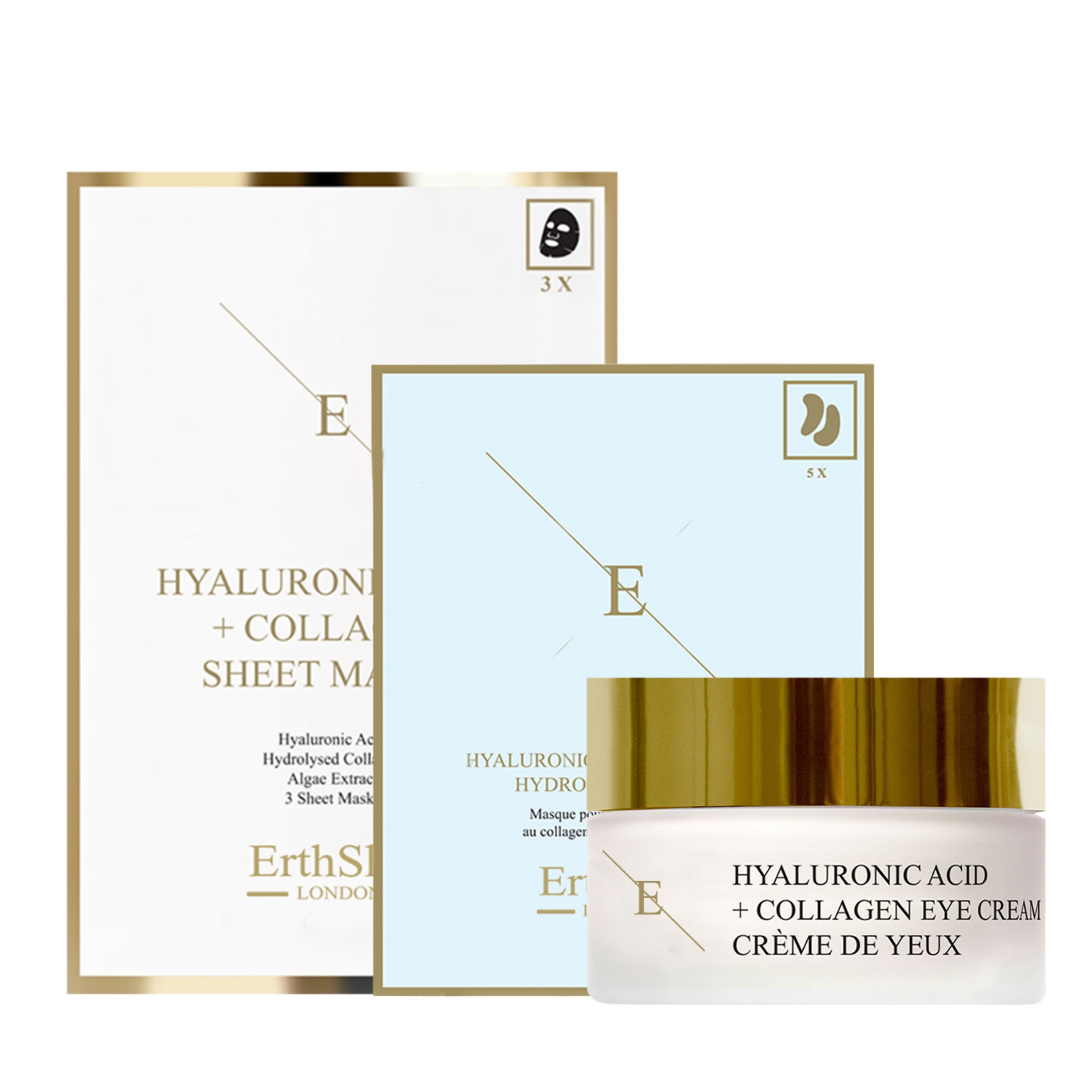 Ensemble crème pour les yeux et masques. Pot de crème à couvercle doré. Emballages de masques avec texte. Marque : ErthSkin London.