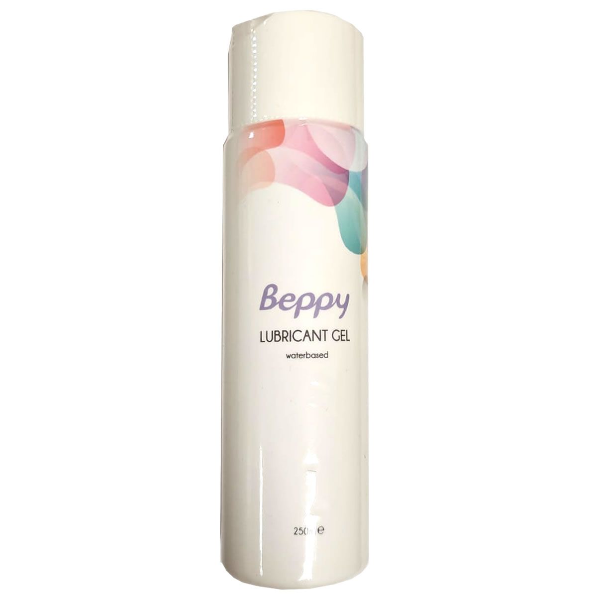 Witte fles Beppy Lubricant Gel, 250ml. Opschrift: waterbased. Verpakt.