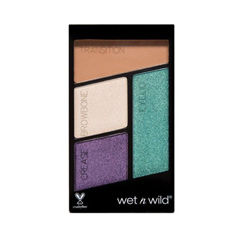 Palette de fards à paupières avec quatre couleurs : beige, blanc, violet et turquoise. Emballage noir. Marque : Wet n Wild. Logo sans cruauté.