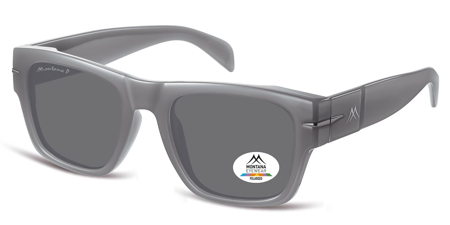 Lunettes de soleil grises, vue latérale. Verres carrés, logo Montana Eyewear. Autocollant Polarized.