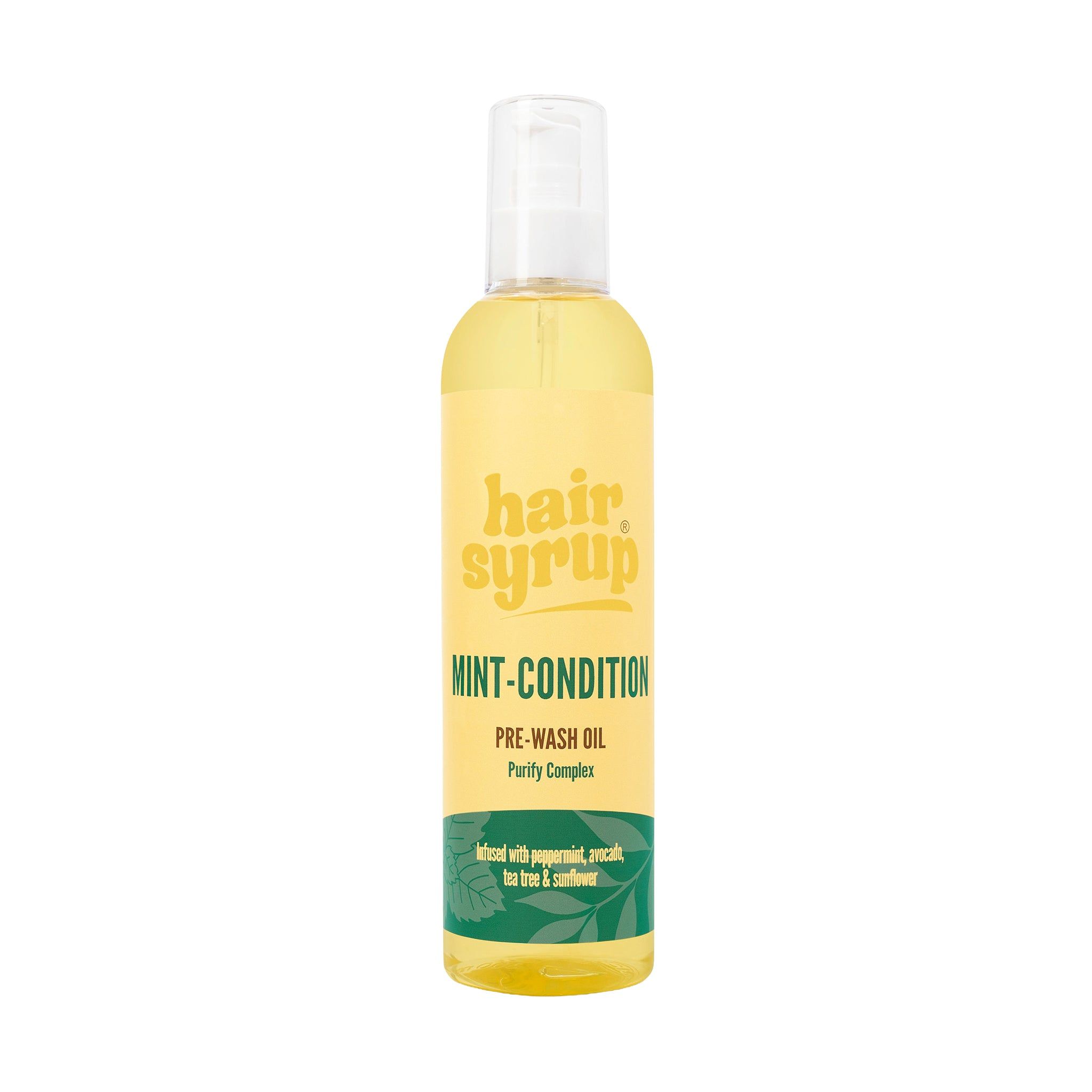 Gele fles "Hair Syrup Mint Condition" met witte dop. Opschrift en groene details.