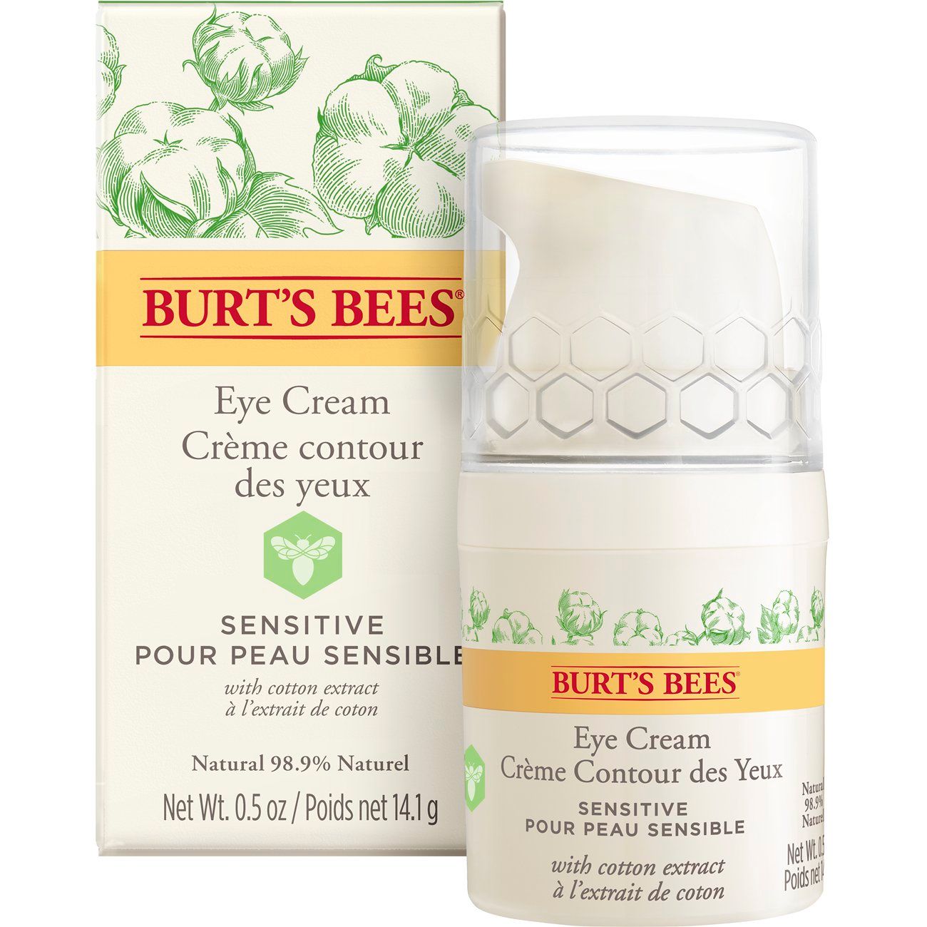 Crème pour les yeux et boîte. Inscription: BURT'S BEES Eye Cream. Pour peaux sensibles. Avec extrait de coton. Naturel 98,9%.