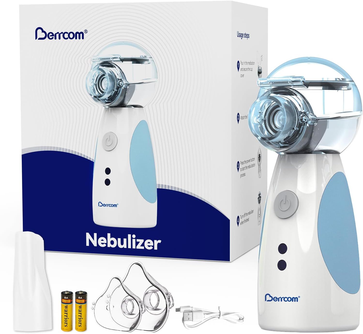 Wit en blauw inhalatieapparaat met accessoires en verpakking. Inclusief maskers, batterijen en oplaadkabel. Merk: Berrcom.