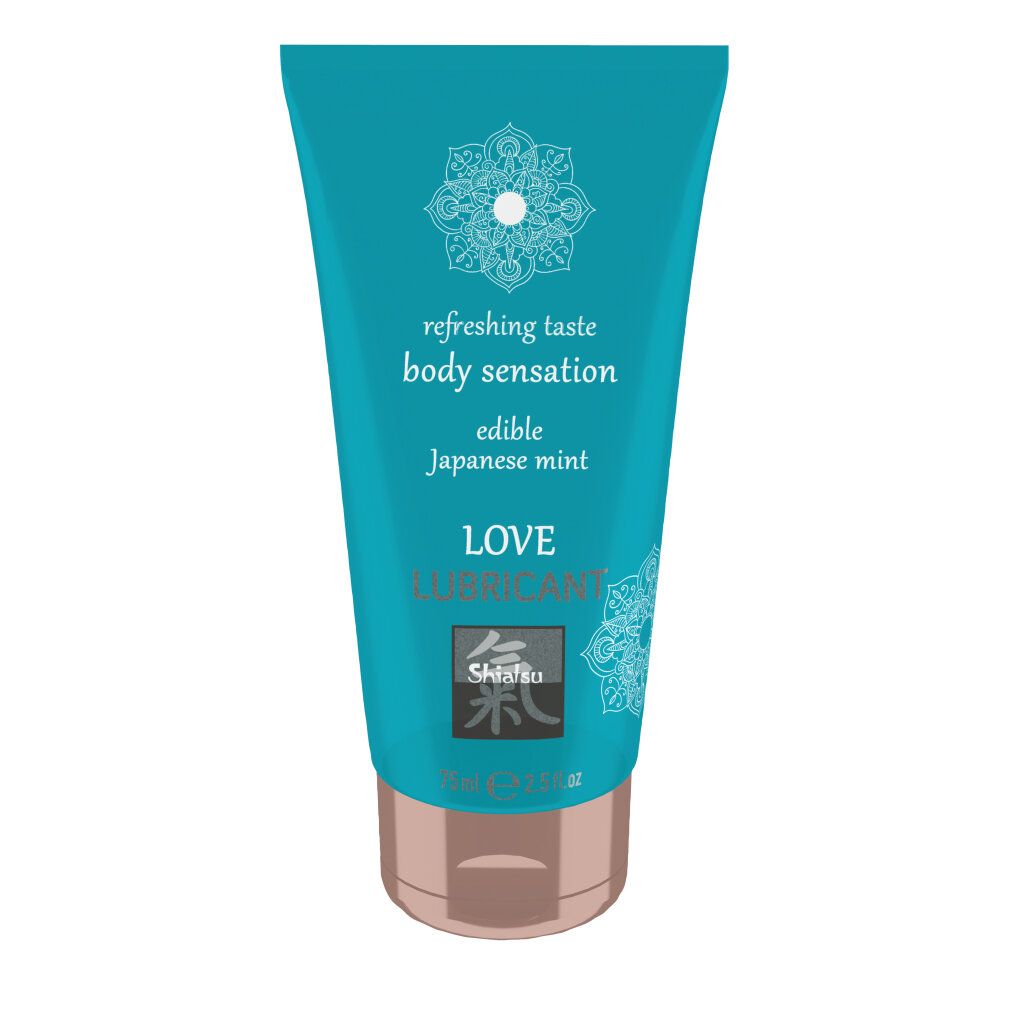 Turquoise tube met "Love Lubricant" opschrift, verfrissende smaak, Japanse munt.